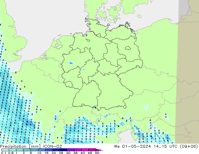 Precipitazione ICON-D2 mer 01.05.2024 15 UTC