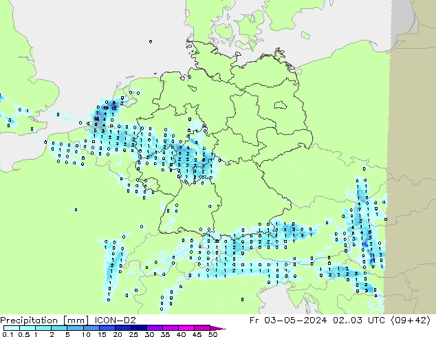 Precipitazione ICON-D2 ven 03.05.2024 03 UTC