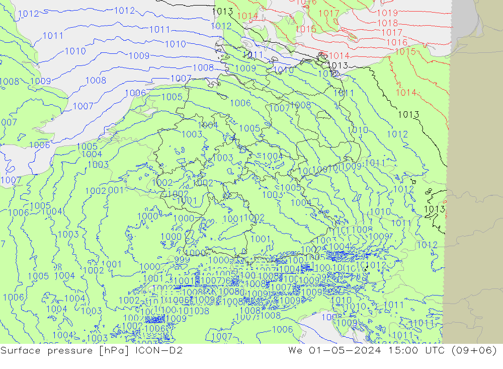 Surface pressure ICON-D2 We 01.05.2024 15 UTC