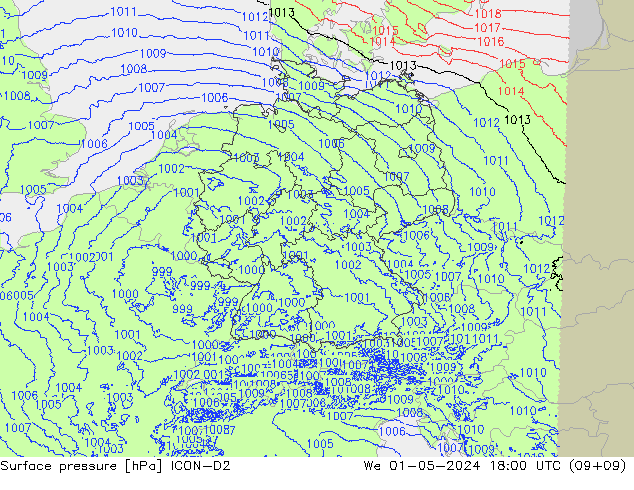 Atmosférický tlak ICON-D2 St 01.05.2024 18 UTC