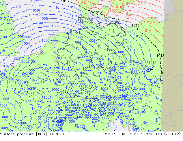 Surface pressure ICON-D2 We 01.05.2024 21 UTC