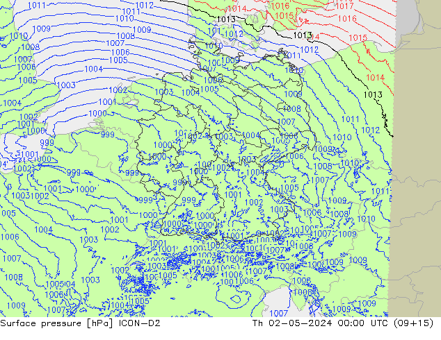 Pressione al suolo ICON-D2 gio 02.05.2024 00 UTC