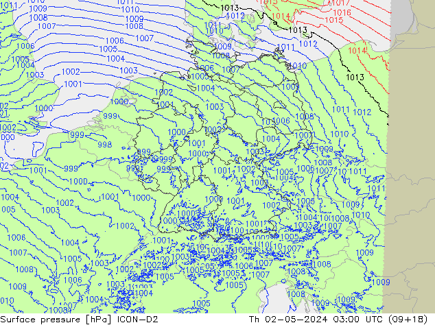 Surface pressure ICON-D2 Th 02.05.2024 03 UTC