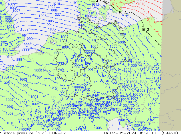 Atmosférický tlak ICON-D2 Čt 02.05.2024 05 UTC