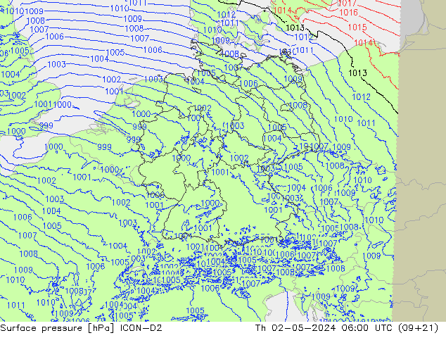 Atmosférický tlak ICON-D2 Čt 02.05.2024 06 UTC