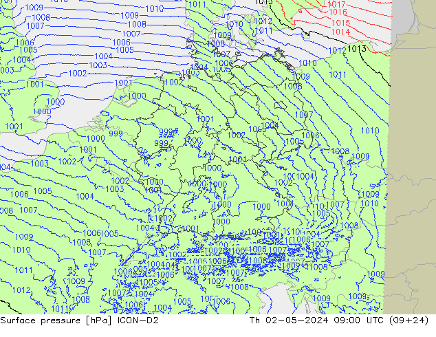 Atmosférický tlak ICON-D2 Čt 02.05.2024 09 UTC