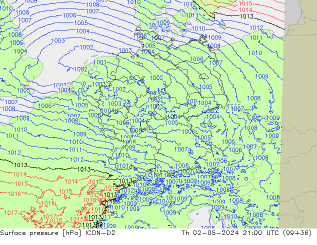 Surface pressure ICON-D2 Th 02.05.2024 21 UTC