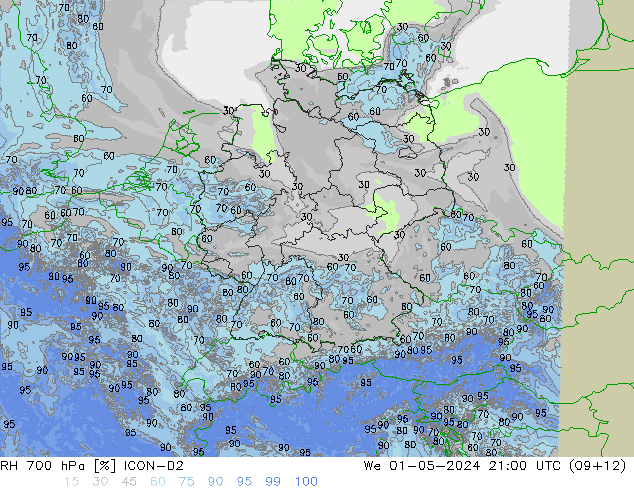 RH 700 hPa ICON-D2 Mi 01.05.2024 21 UTC