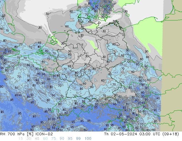 RH 700 hPa ICON-D2 Th 02.05.2024 03 UTC