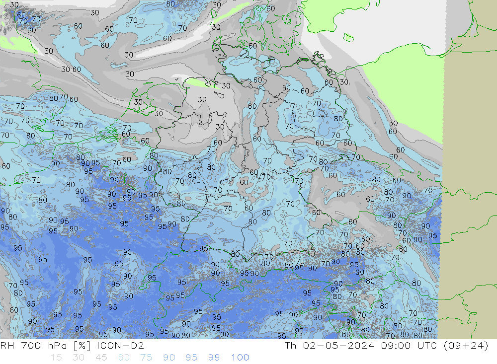 Humedad rel. 700hPa ICON-D2 jue 02.05.2024 09 UTC