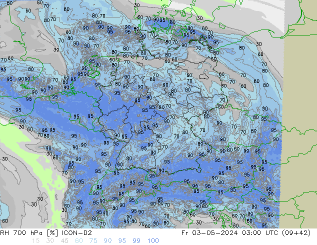 RH 700 гПа ICON-D2 пт 03.05.2024 03 UTC