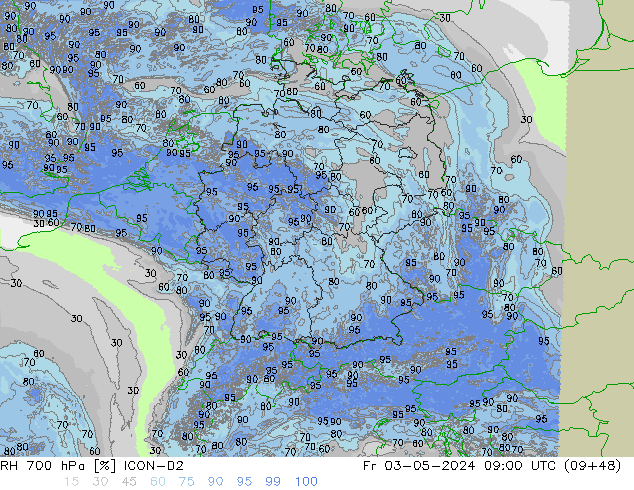 RH 700 hPa ICON-D2 Pá 03.05.2024 09 UTC