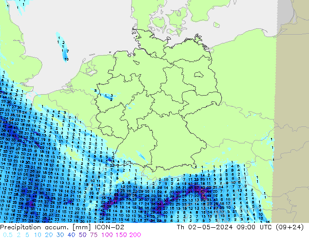 Precipitation accum. ICON-D2 Qui 02.05.2024 09 UTC