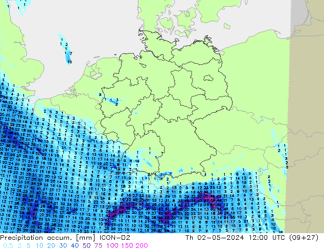 Precipitation accum. ICON-D2 Th 02.05.2024 12 UTC