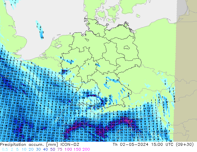 Precipitation accum. ICON-D2 Čt 02.05.2024 15 UTC