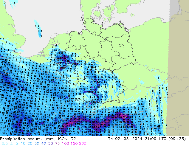 Totale neerslag ICON-D2 do 02.05.2024 21 UTC