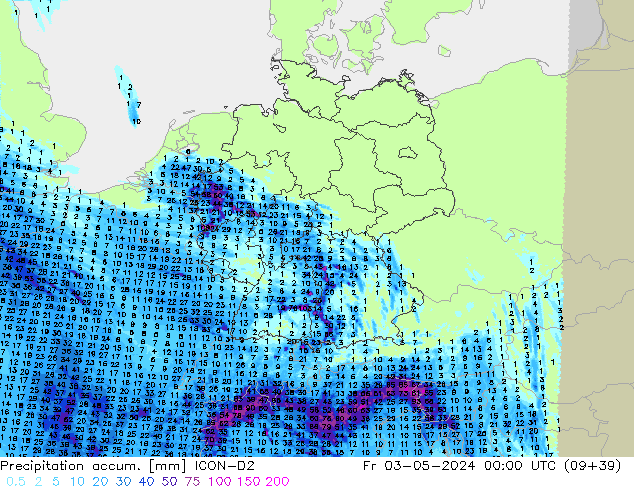 Precipitation accum. ICON-D2 Fr 03.05.2024 00 UTC