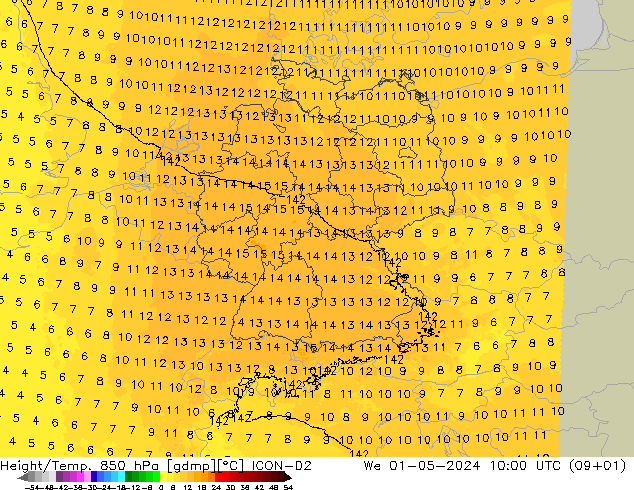 Height/Temp. 850 hPa ICON-D2 mer 01.05.2024 10 UTC