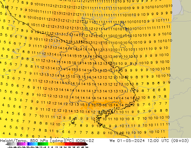 Hoogte/Temp. 850 hPa ICON-D2 wo 01.05.2024 12 UTC