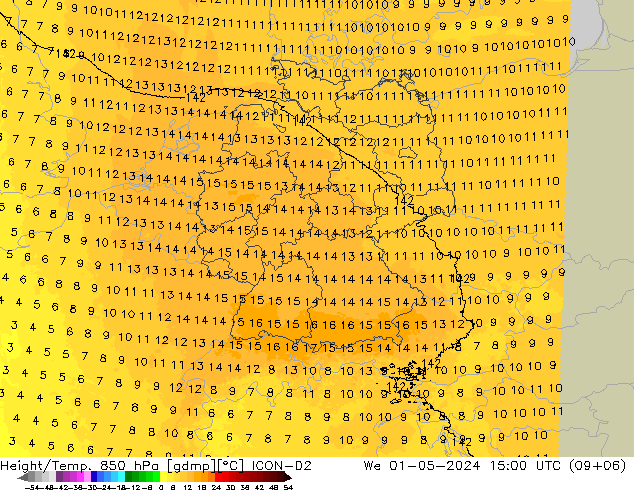 Height/Temp. 850 hPa ICON-D2  01.05.2024 15 UTC