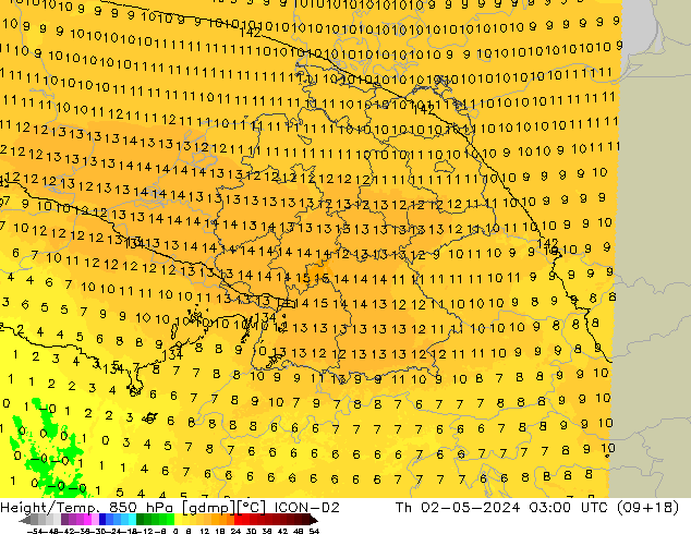 Height/Temp. 850 hPa ICON-D2 Th 02.05.2024 03 UTC