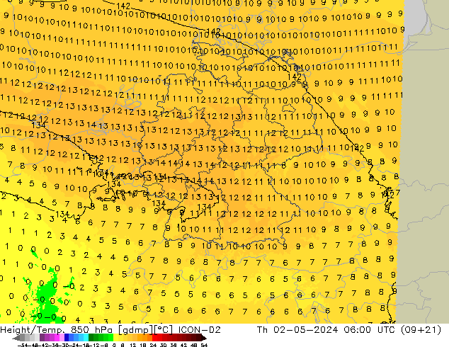 Height/Temp. 850 hPa ICON-D2 Th 02.05.2024 06 UTC