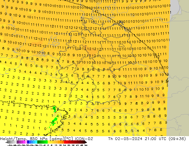 Height/Temp. 850 hPa ICON-D2 Th 02.05.2024 21 UTC