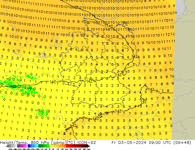 Height/Temp. 850 hPa ICON-D2 Pá 03.05.2024 09 UTC