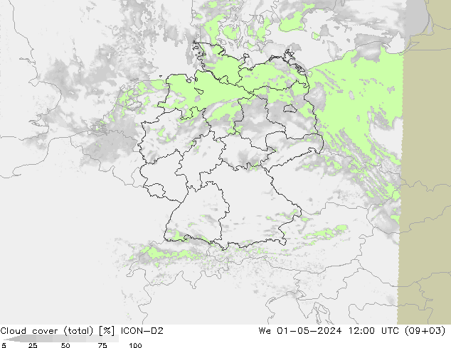 Cloud cover (total) ICON-D2 We 01.05.2024 12 UTC