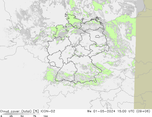 Cloud cover (total) ICON-D2 We 01.05.2024 15 UTC