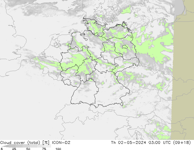 Cloud cover (total) ICON-D2 Th 02.05.2024 03 UTC