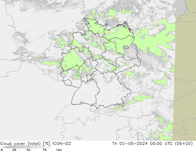 Cloud cover (total) ICON-D2 Th 02.05.2024 05 UTC