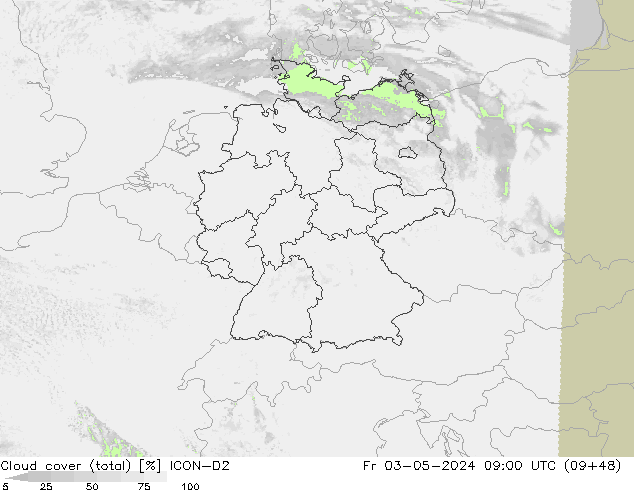 Cloud cover (total) ICON-D2 Fr 03.05.2024 09 UTC