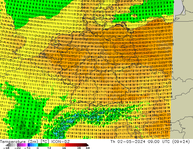 Temperatura (2m) ICON-D2 Qui 02.05.2024 09 UTC