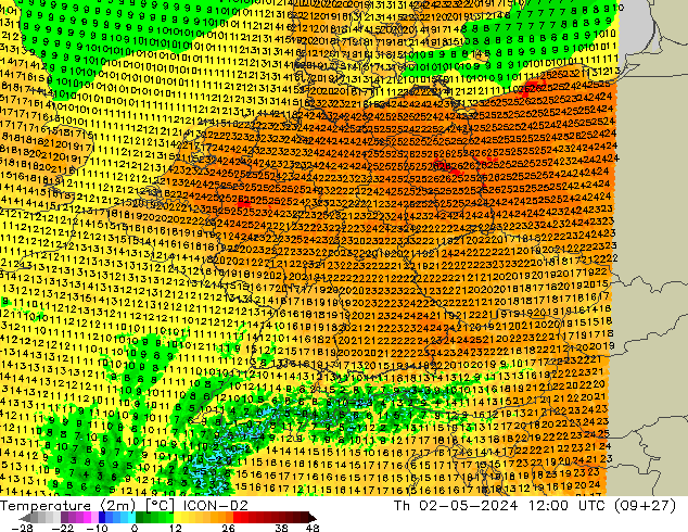 Temperatura (2m) ICON-D2 gio 02.05.2024 12 UTC