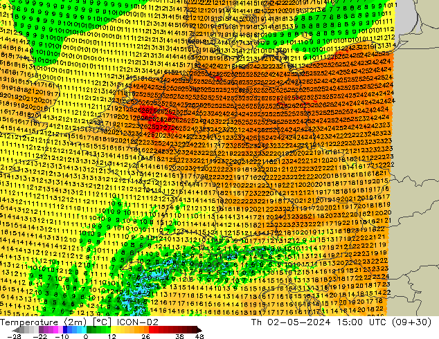 Temperatuurkaart (2m) ICON-D2 do 02.05.2024 15 UTC