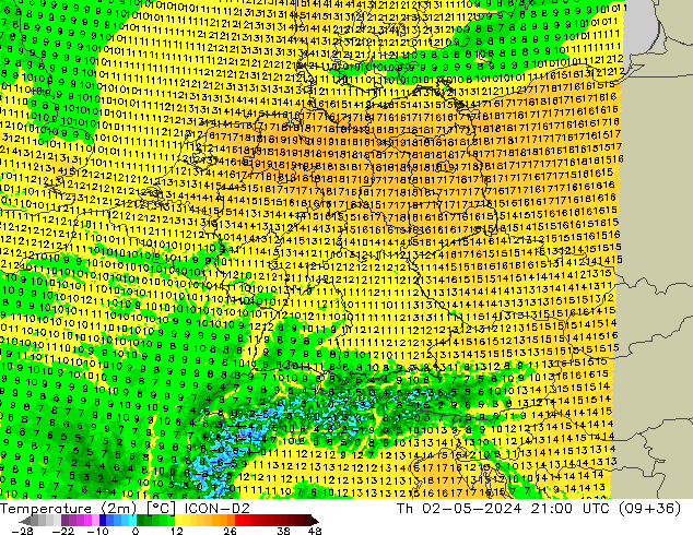 Temperatura (2m) ICON-D2 Qui 02.05.2024 21 UTC