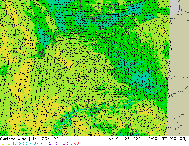 Wind 10 m ICON-D2 wo 01.05.2024 12 UTC