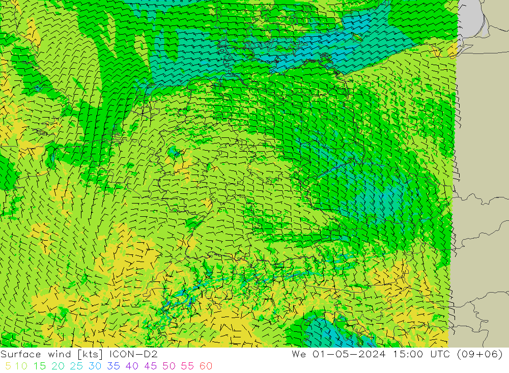 Vento 10 m ICON-D2 mer 01.05.2024 15 UTC