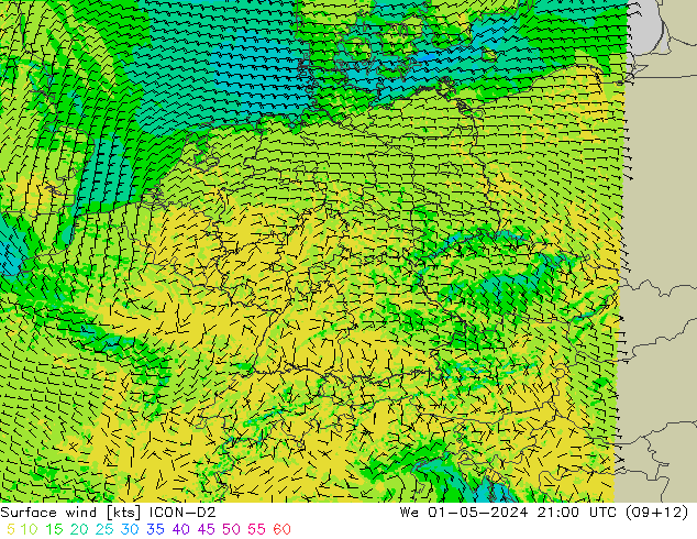 Viento 10 m ICON-D2 mié 01.05.2024 21 UTC