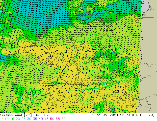 Vento 10 m ICON-D2 Qui 02.05.2024 05 UTC