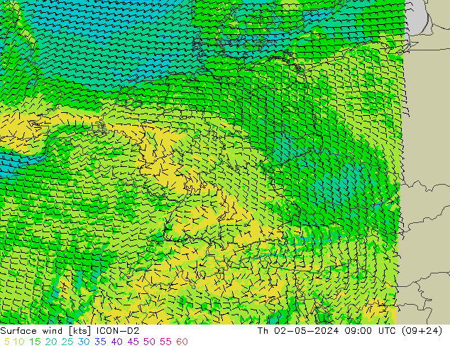 Viento 10 m ICON-D2 jue 02.05.2024 09 UTC