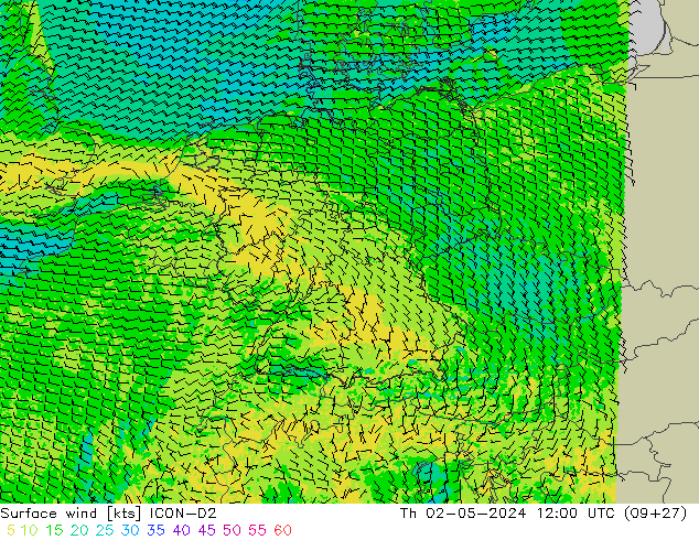 Surface wind ICON-D2 Th 02.05.2024 12 UTC