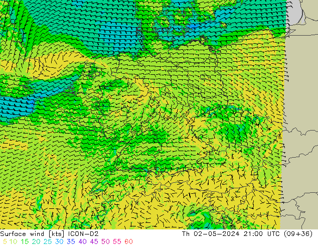 Surface wind ICON-D2 Th 02.05.2024 21 UTC