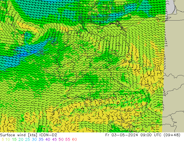 Surface wind ICON-D2 Fr 03.05.2024 09 UTC