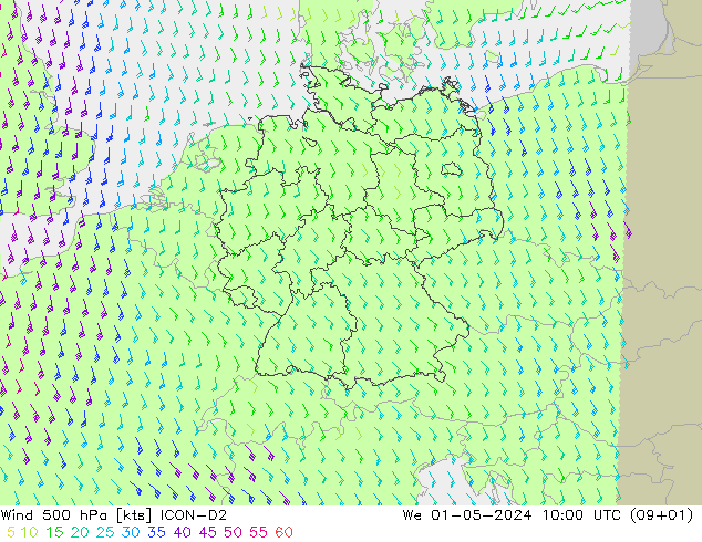 Vento 500 hPa ICON-D2 Qua 01.05.2024 10 UTC