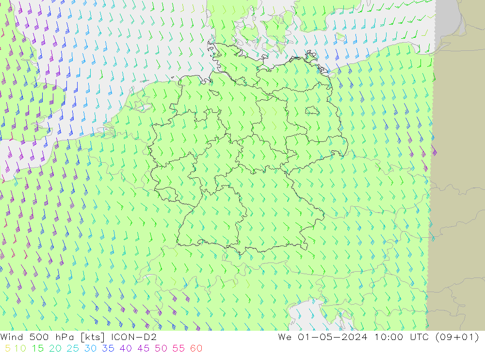 Vento 500 hPa ICON-D2 Qua 01.05.2024 10 UTC