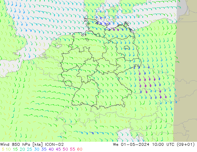 Vent 850 hPa ICON-D2 mer 01.05.2024 10 UTC