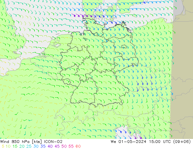 Wind 850 hPa ICON-D2 We 01.05.2024 15 UTC