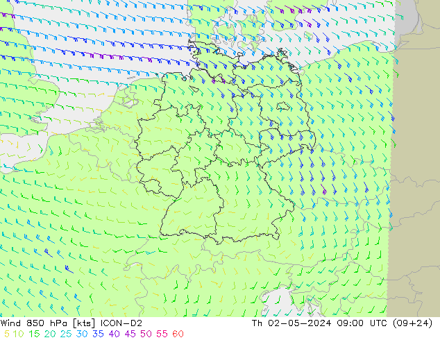 Wind 850 hPa ICON-D2 Čt 02.05.2024 09 UTC